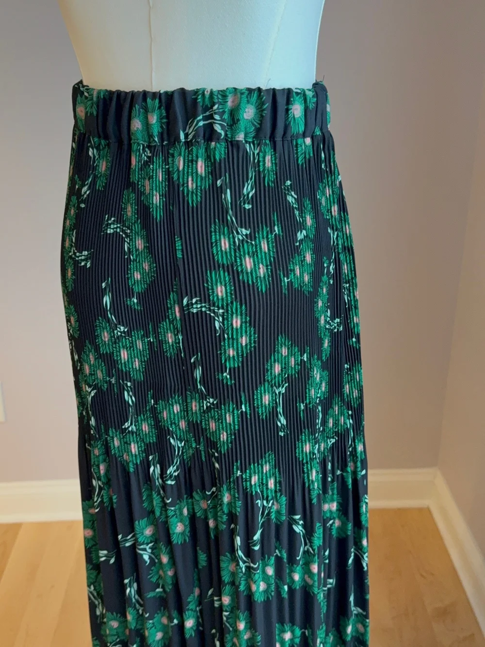 Topshop Navy Midi Skirt with Green Floral Print and Tie Waist